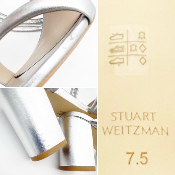 Stuart Weitzman Twist 75 Knot Block Heel Sandal Metallic Silver Leather Size 7.5 - Picture 11 of 16